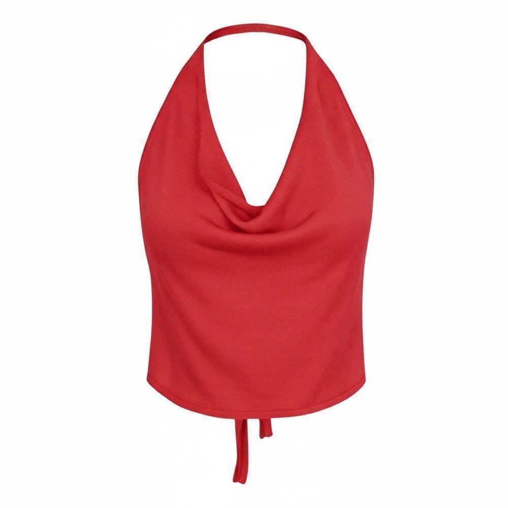 New Aya Muse Cinnabar Knit Tied Draped Halter Crop Top XXS Red
